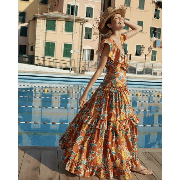 LA DOUBLEJ Scarlett Floral Tiered Maxi Dress Lily Orange Floral Sz XL {KK21} - Picture 2 of 14